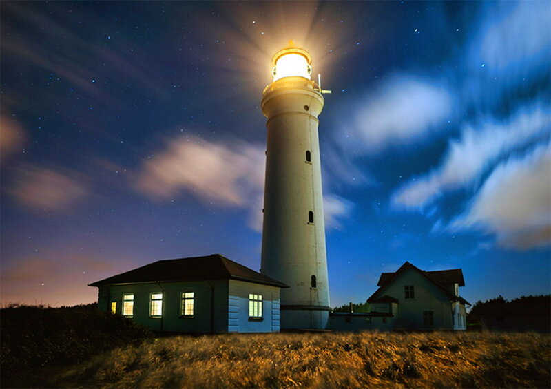 Lighthouse at Night — Blue, Dramatic, Photograph, Buildings