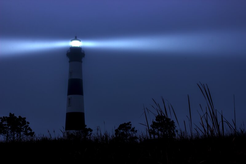 Lighthouse at Night — Blue, Dramatic, Photograph, Light Beam