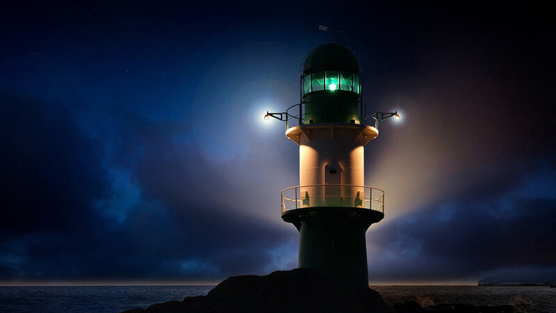 Lighthouse at Night — Blue, Dramatic, Photograph, Sea