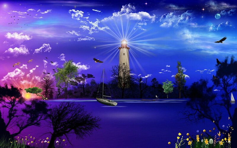 Lighthouse at Night — Blue, Dreamy