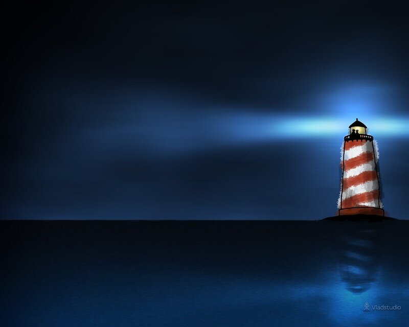 Lighthouse at Night — Blue, Serene, Digital Art