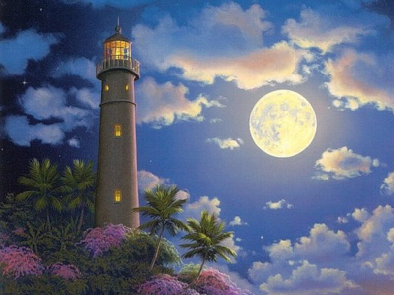 Lighthouse at Night — Blue, Serene, Painting, Moon, Palm Trees