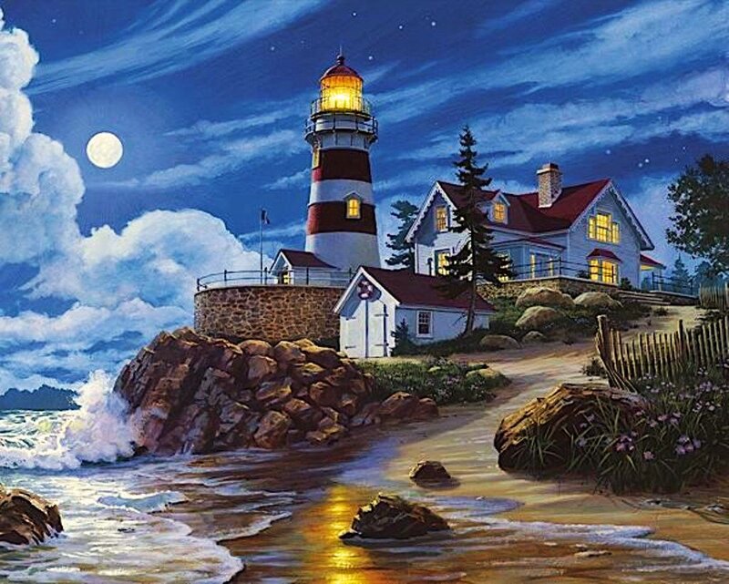 Lighthouse at Night — Blue, Serene, Painting, Moon