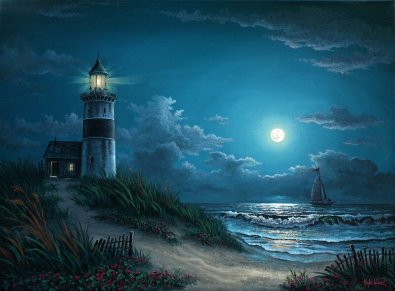 Lighthouse at Night — Blue, Serene, Painting