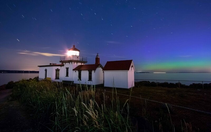 Lighthouse at Night — Blue, Serene, Photograph, Aurora Borealis