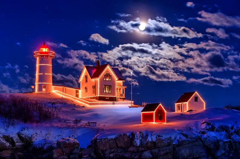 Lighthouse at Night — Blue, Serene, Photograph, House