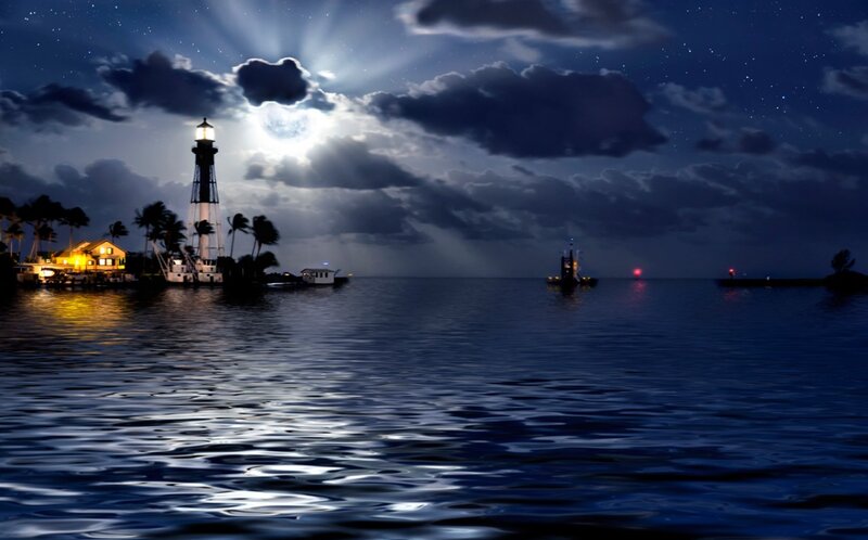 Lighthouse at Night — Blue, Serene, Photograph, Moon