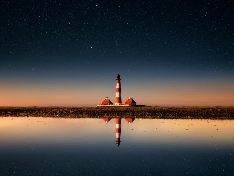 Lighthouse at Night — Blue, Serene, Photograph, Sky