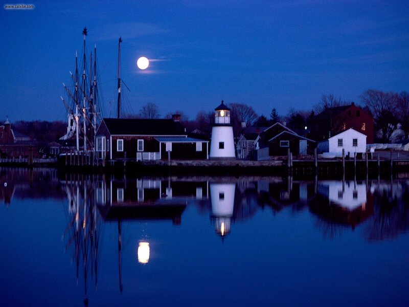 Lighthouse at Night — Blue, Serene, Photograph