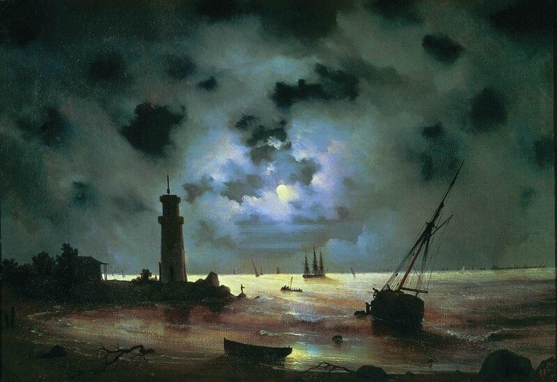 Lighthouse at Night — Dark Blue, Dramatic