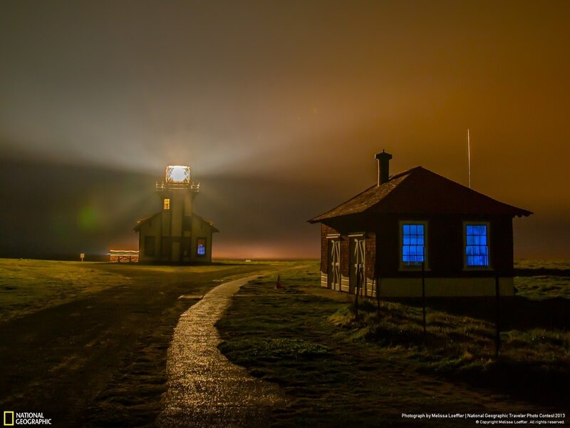 Lighthouse at Night — Orange, Dramatic, Photograph