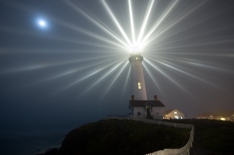 Lighthouse at Night — White, Dramatic, Photograph, Moon, Fog, Building, Black, Gray