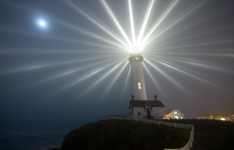 Lighthouse at Night — White, Dramatic, Photograph, Moon, Fog, Building, Dark Blue