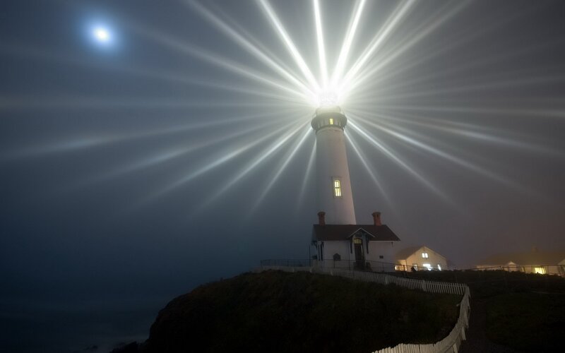 Lighthouse at Night — White, Dramatic, Photograph, Moon, Fog
