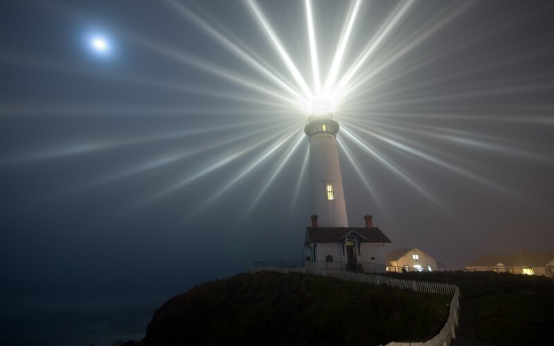 Lighthouse at Night — White, Dramatic, Photograph, Moon