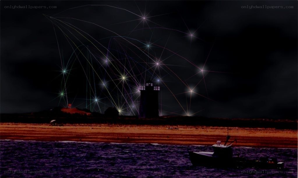 Lighthouse at night with light beams