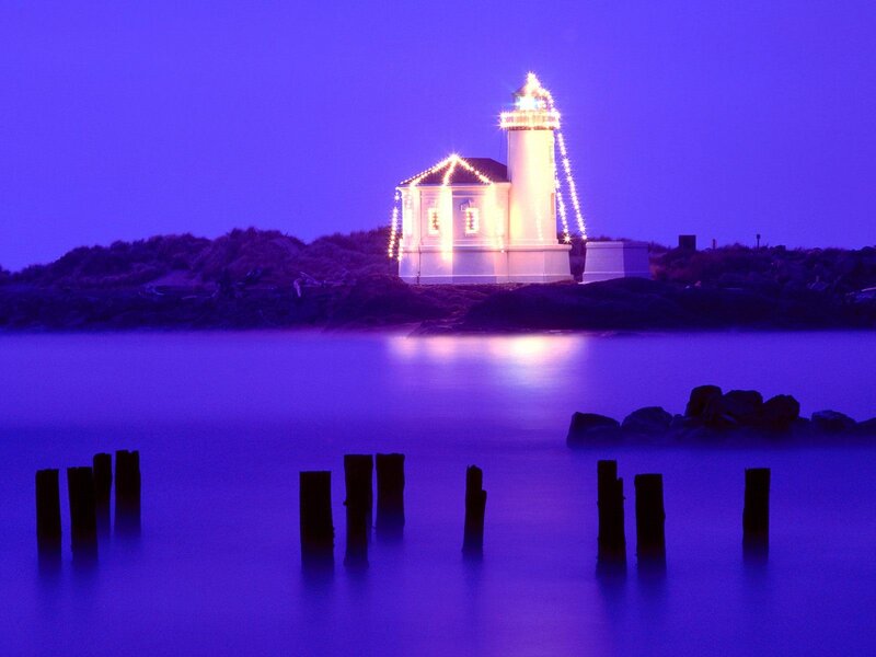 Lighthouse at night with lights