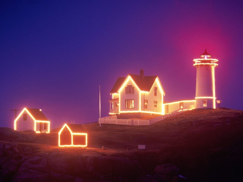 Lighthouse at night with lights
