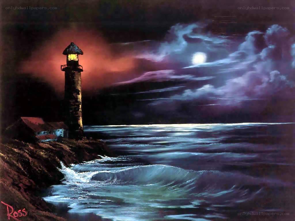 Lighthouse at night with moon