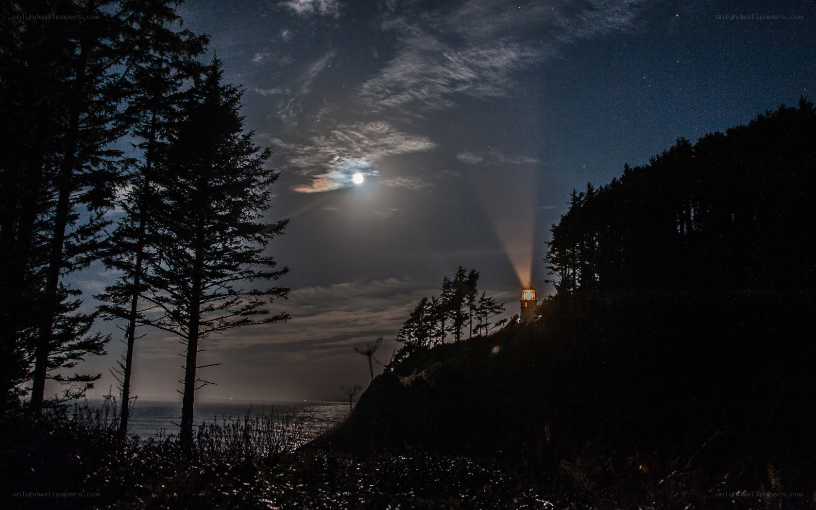 Lighthouse at night with moon