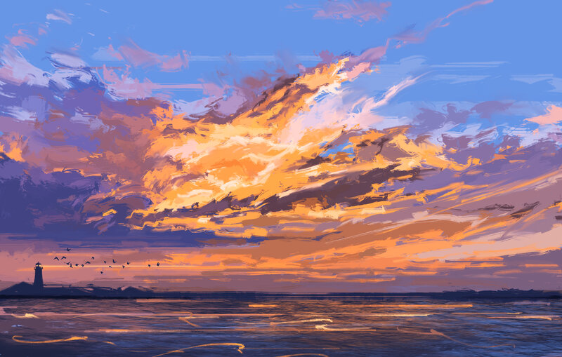 Lighthouse at Sunset — Blue, Dramatic, Digital Art, Birds