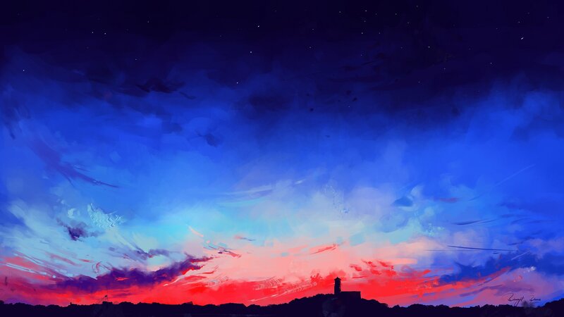 Lighthouse at Sunset — Blue, Dramatic, Digital Art