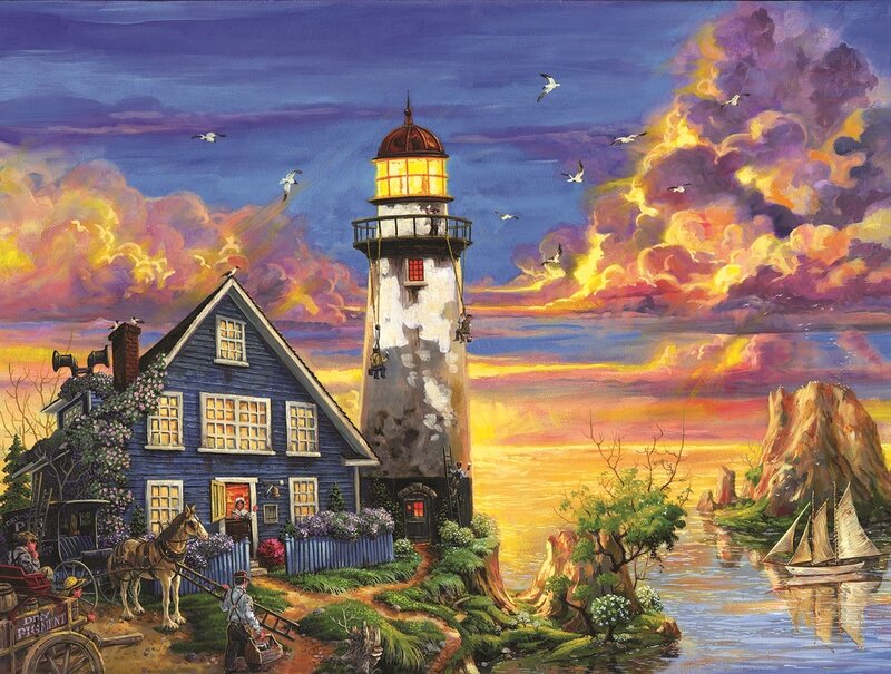 Lighthouse at Sunset — Blue, Dramatic, Painting, House, Seagulls