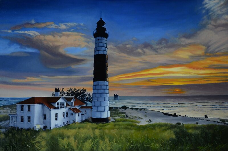 Lighthouse at Sunset — Blue, Dramatic, Painting, House