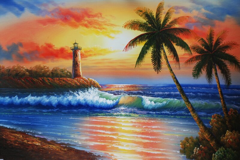 Lighthouse at Sunset — Blue, Dramatic, Painting, Palm Trees