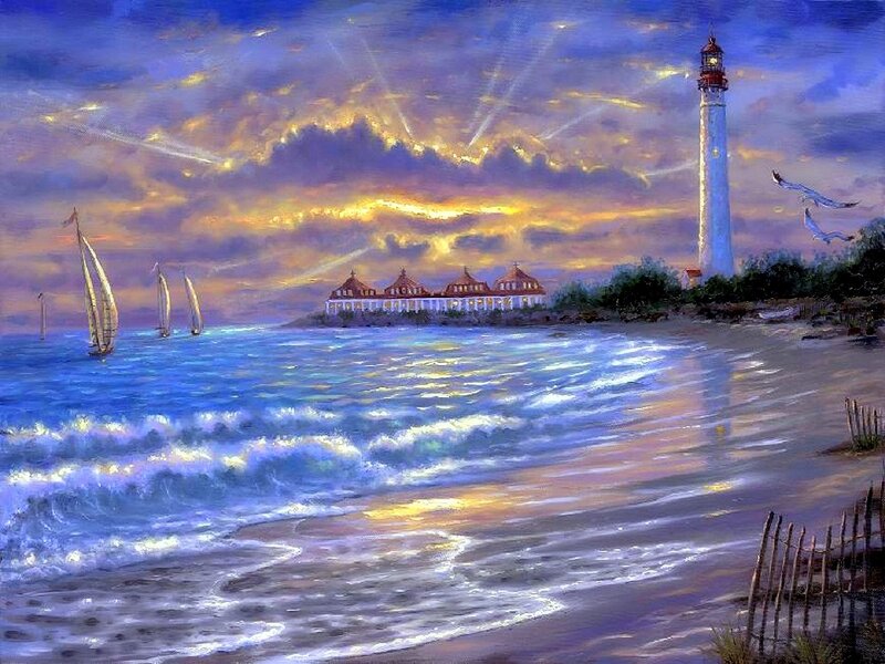 Lighthouse at Sunset — Blue, Dramatic, Painting, Sailboats