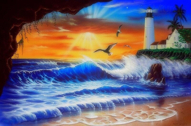 Lighthouse at Sunset — Blue, Dramatic, Painting, Seagulls