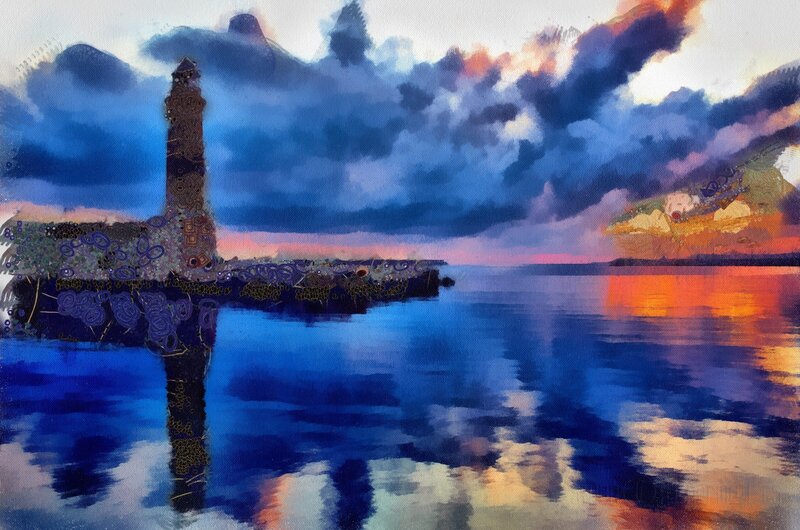 Lighthouse at Sunset — Blue, Dramatic, Painting