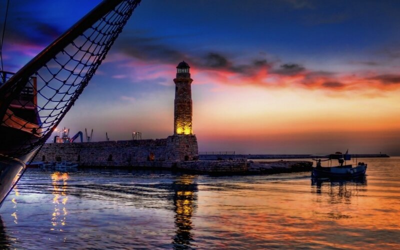 Lighthouse at Sunset — Blue, Dramatic, Photograph, Boat, Harbor