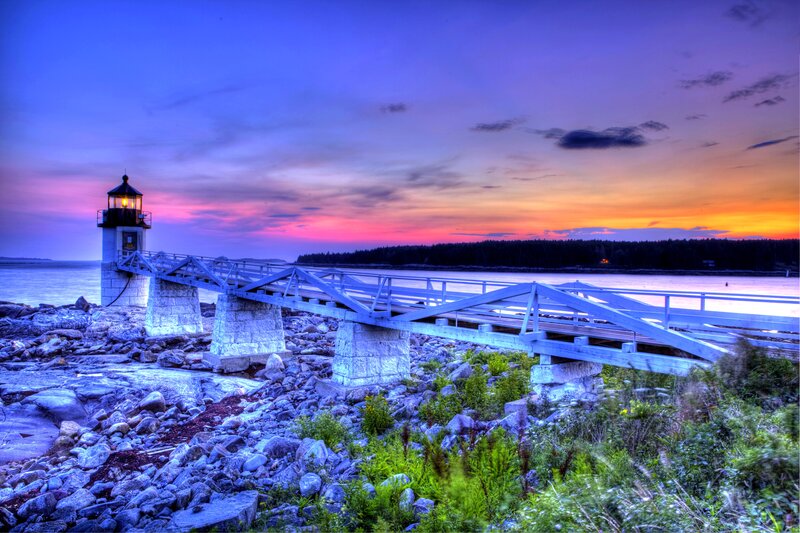 Lighthouse at Sunset — Blue, Dramatic, Photograph, Bridge