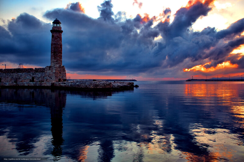 Lighthouse at Sunset — Blue, Dramatic, Photograph, Clouds, Sea