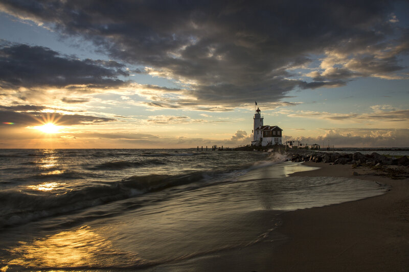 Lighthouse at Sunset — Blue, Dramatic, Photograph, Ocean, Beach
