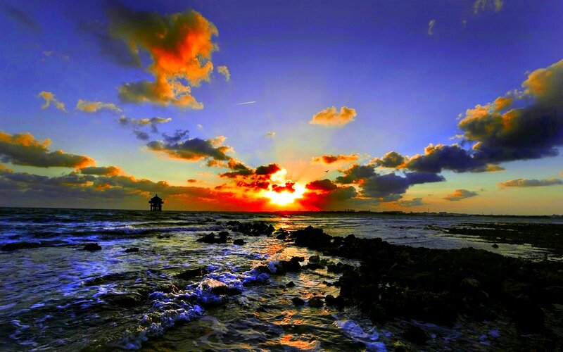 Lighthouse at Sunset — Blue, Dramatic, Photograph, Ocean, Clouds
