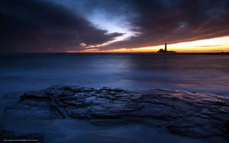 Lighthouse at Sunset — Blue, Dramatic, Photograph, Ocean, Rocks, Sky
