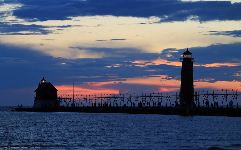 Lighthouse at Sunset — Blue, Dramatic, Photograph, Pier, Sky, People