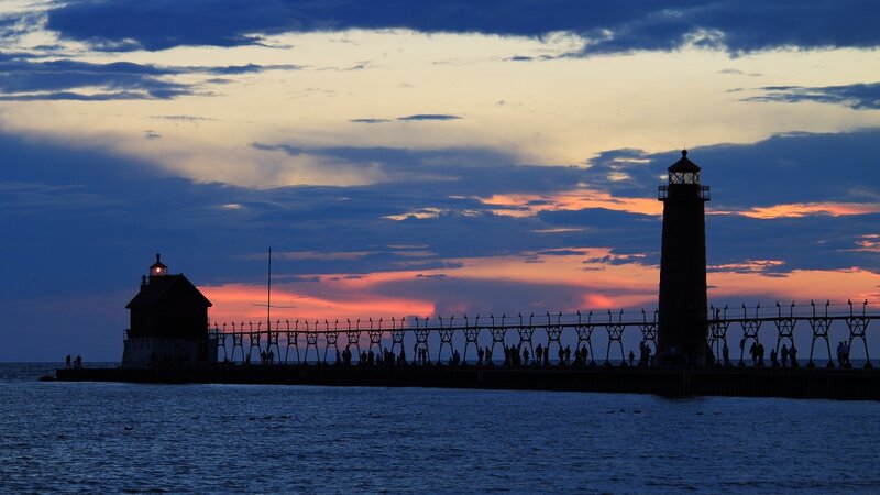 Lighthouse at Sunset — Blue, Dramatic, Photograph, Pier, Sky