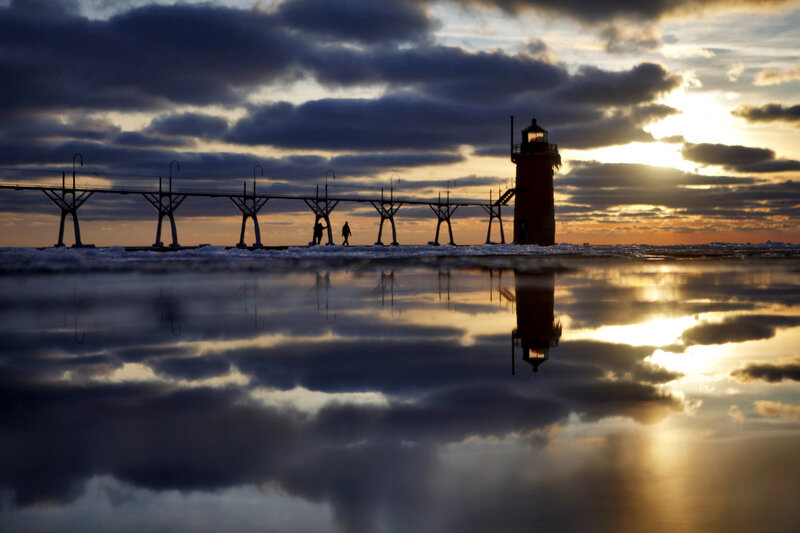 Lighthouse at Sunset — Blue, Dramatic, Photograph, Pier