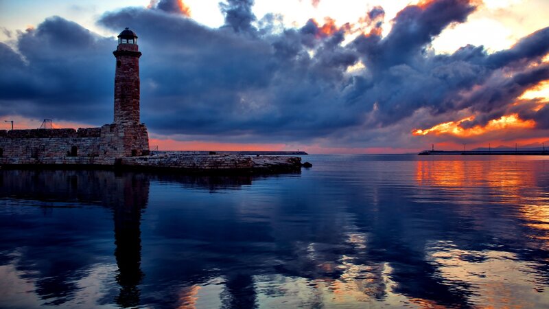 Lighthouse at Sunset — Blue, Dramatic, Photograph, Sea, Sky