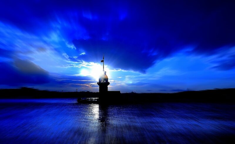 Lighthouse at Sunset — Blue, Dramatic, Photograph, Sun