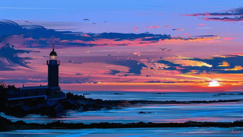 Lighthouse at Sunset — Blue, Serene, Digital Art, Sea