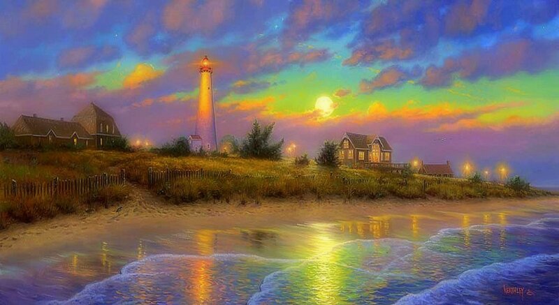 Lighthouse at Sunset — Blue, Serene, Painting
