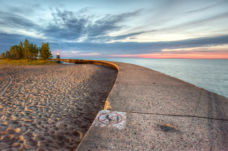 Lighthouse at Sunset — Blue, Serene, Photograph, Beach, Pier