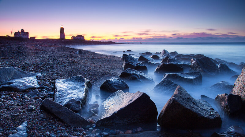 Lighthouse at Sunset — Blue, Serene, Photograph, Beach