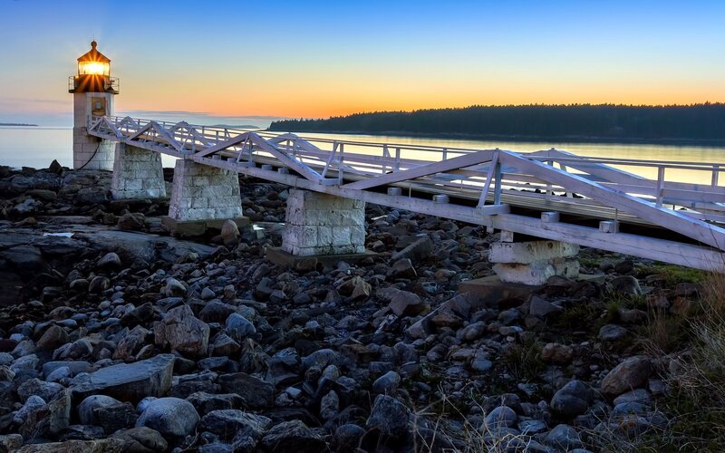 Lighthouse at Sunset — Blue, Serene, Photograph, Bridge