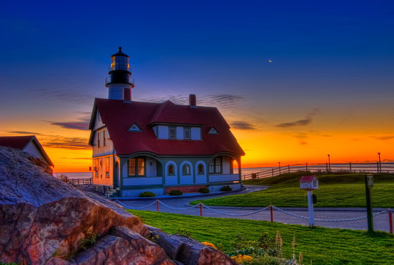 Lighthouse at Sunset — Blue, Serene, Photograph, House