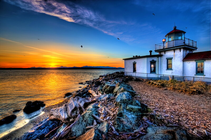 Lighthouse at Sunset — Blue, Serene, Photograph, Ocean, Birds